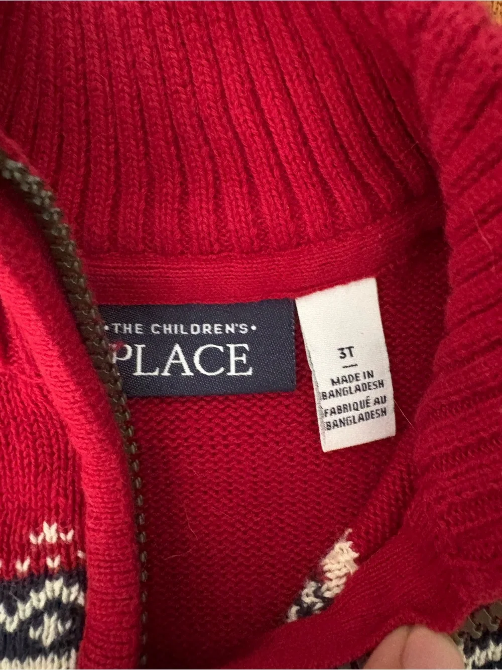 Christmas Holiday Sweater, Half-Zip, Red Knit, Pull Over, Toddler Boy, 3T